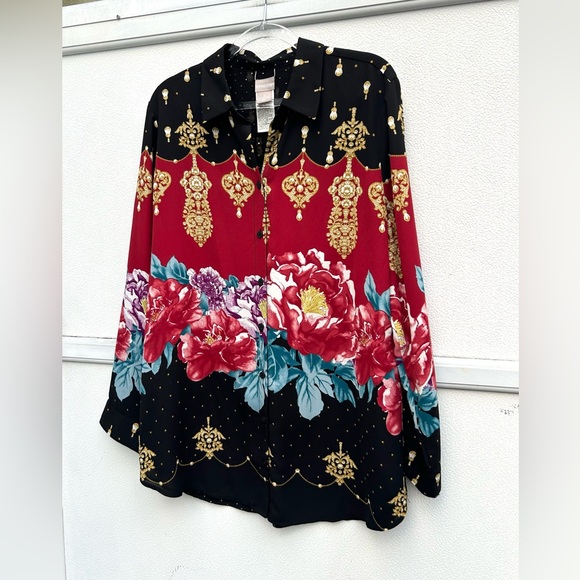 Chicos Blouse Top Reversible Floral Polka Dot  Button Up Long Sleeve Oriental - Picture 4 of 12